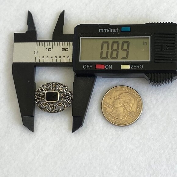 Sterling Silver 925 Dainty 0.89" Oval Black Onyx & Marcasite Brooch - Picture 12 of 16